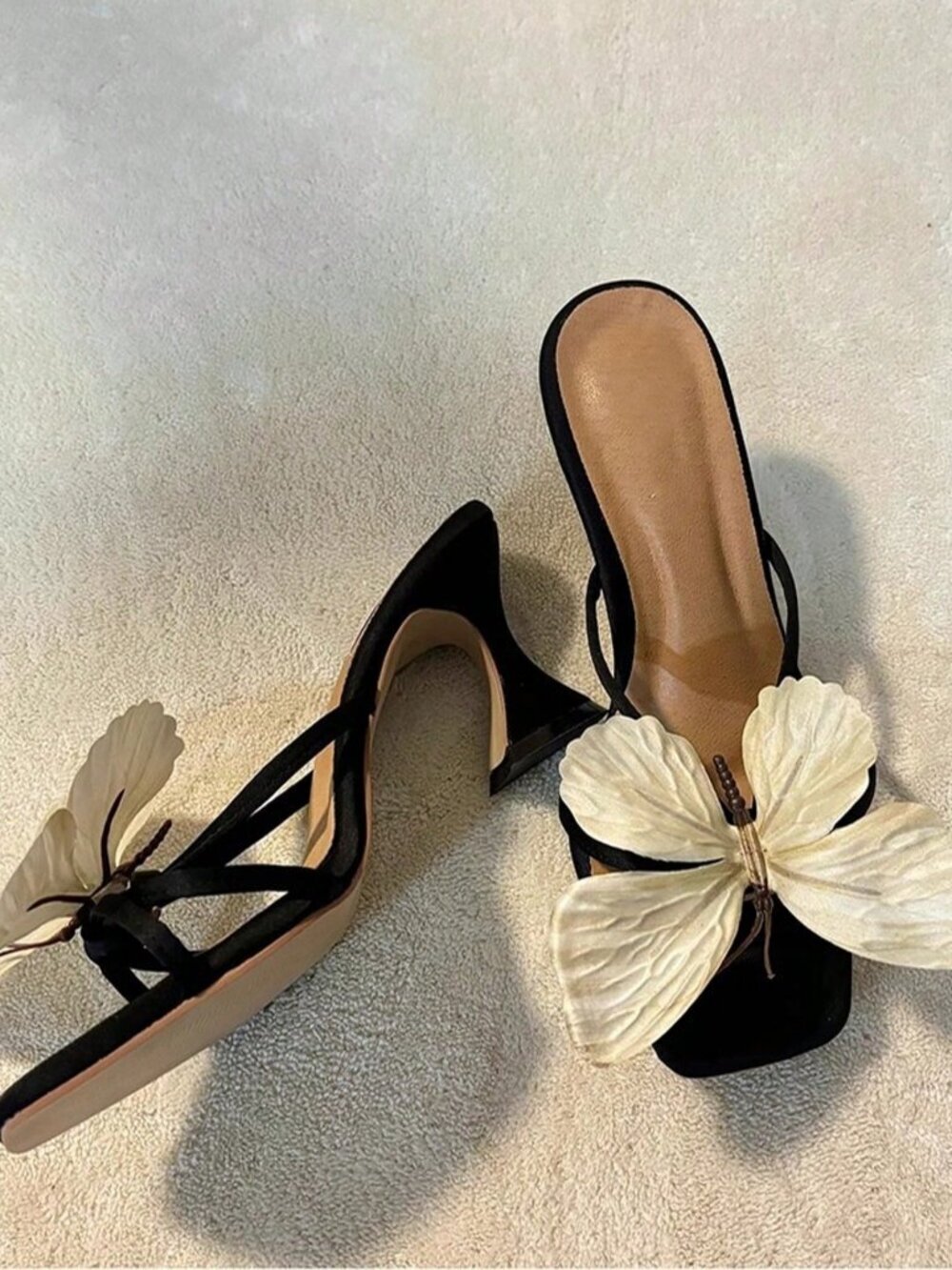 Black Chic Women's Square Open Toe Butterfly Decor Heels - Picture 2 of 6